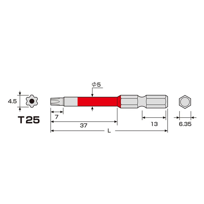 Anex 单头 T25X65 六角彩色钻头工具带孔 Actx-2565