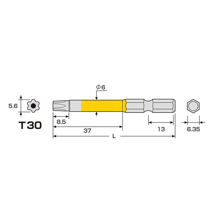 Anex T30X65 附孔六角凸角單頭工具 - 配件顏色鑽頭