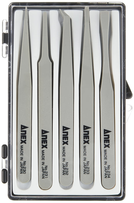 Anex No.230-5S Tool - Set of 5 Tweezers in Plastic Case