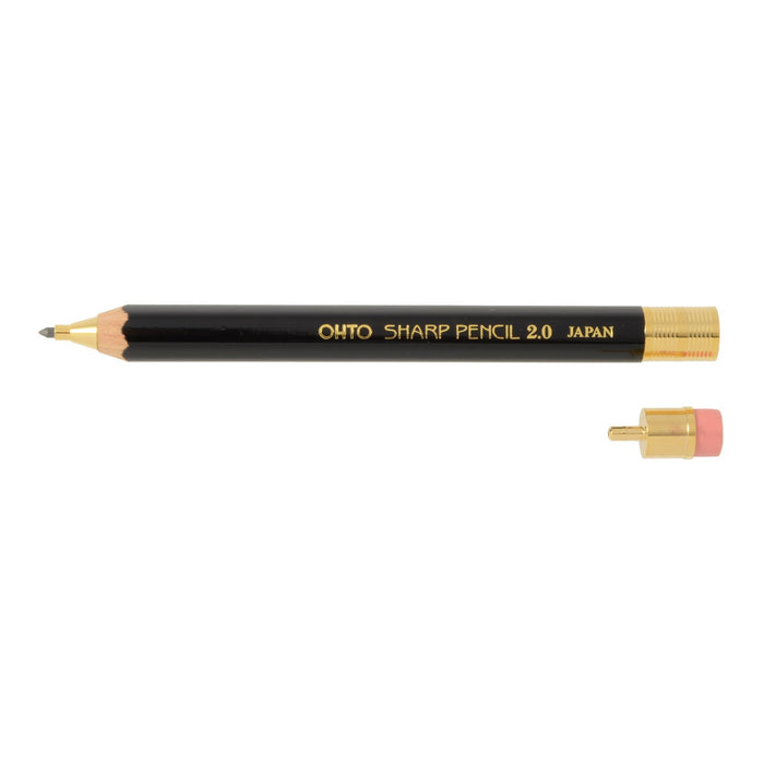 Ohto Black Mechanical Pencil 2.0 with Wooden Shaft and Eraser - Aps-680E-Bk