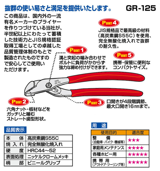 Igarashi Plyer 125mm Grooved Water Pump Pliers GR-125 Made in Tsubame Sanjo Japan