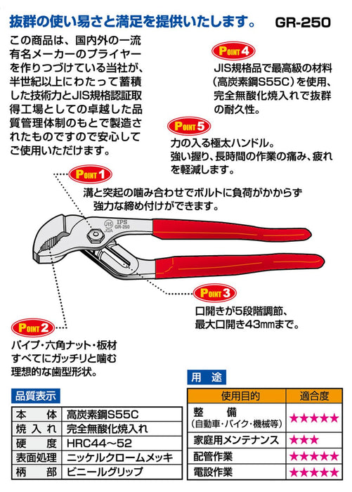 Igarashi Plyer 250mm Grooved Water Pump Pliers GR-250 Made in Japan Tsubame Sanjo