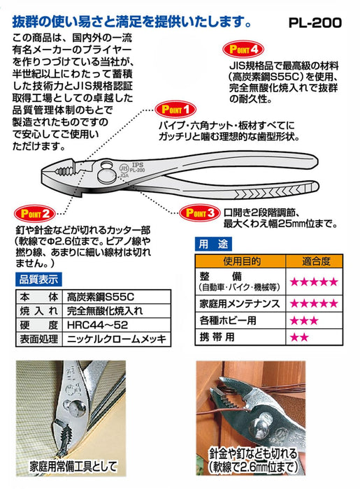 Igarashi IPS Combination Pliers 200mm PL-200 Tsubame Sanjo Made in Japan