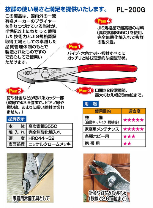 Igarashi Plyer 200mm Combination Pliers with Grip Made in Tsubame Sanjo Japan