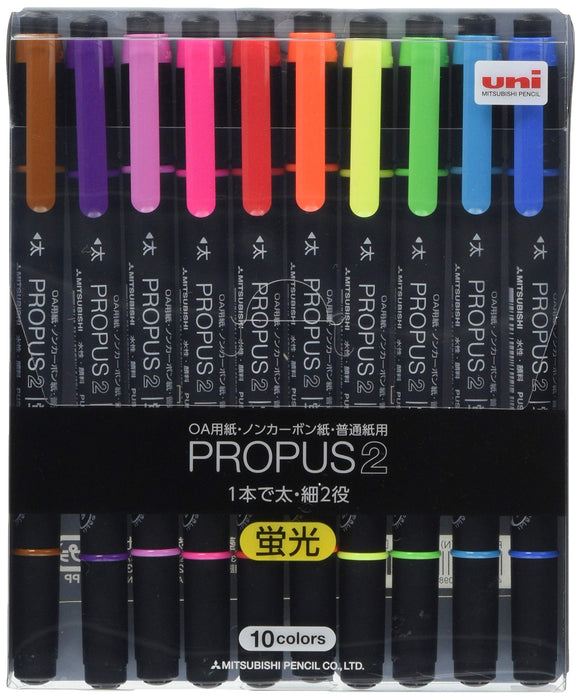 Mitsubishi Pencil Propass 2 Highlighter 10 Vibrant Colors Pack - PUS101TN10C