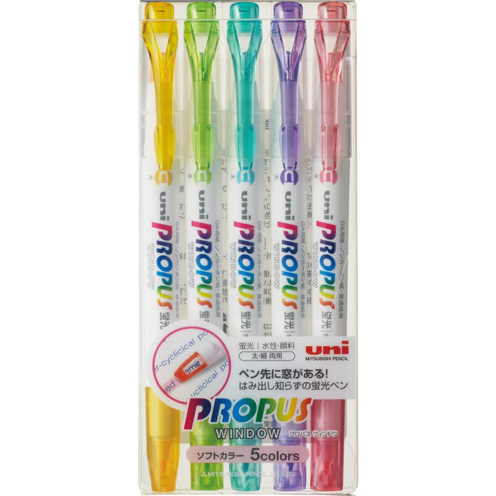 Mitsubishi Pencil Soft Color Highlighter with Window Propass - 5 Color Set