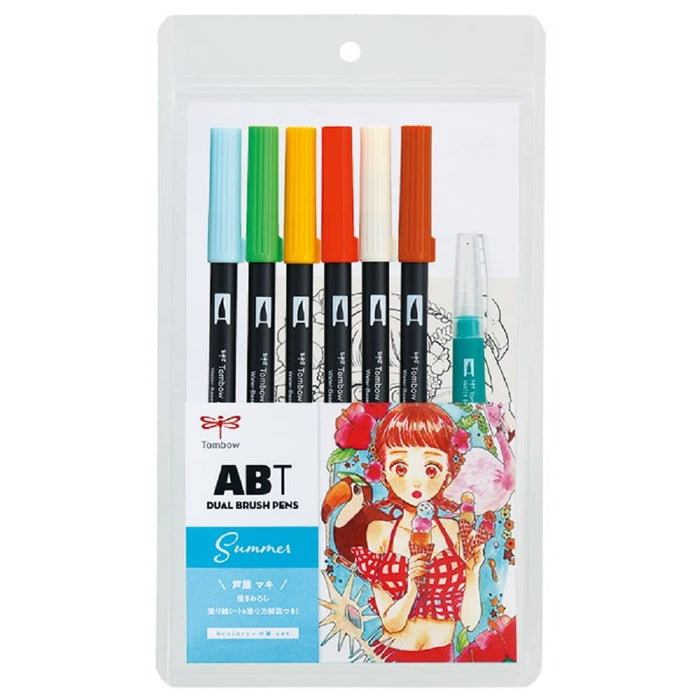 Tombow Dual Brush Pen and Water Brush Illustration Set Summer Ab-T6Csmqa 6 Colors