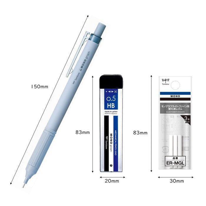 Tombow Monograph Light Mechanical Pencil Set Grayish Blue 0.5mm with Replacement Eraser & Sharpen Lead