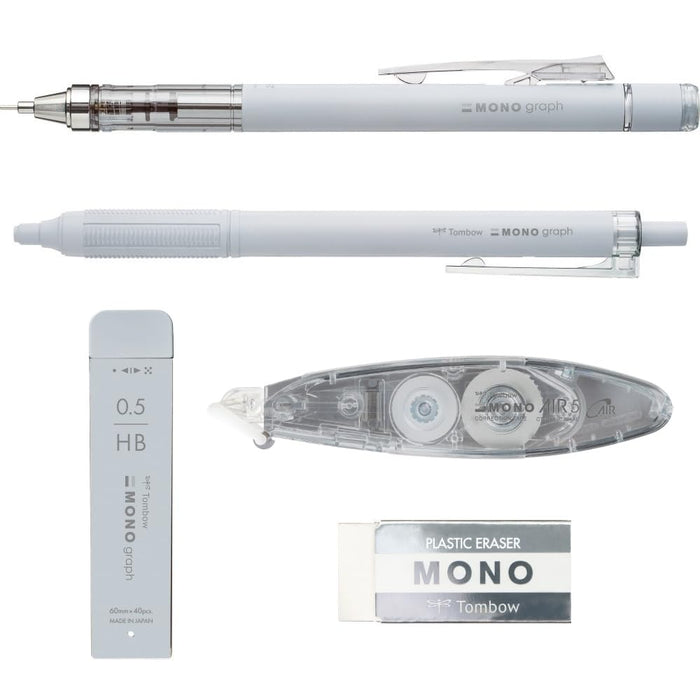 Tombow Grayscale 浅灰色 5 件套文具套装 - 铅笔、钢笔、橡皮擦、铅芯和修正带