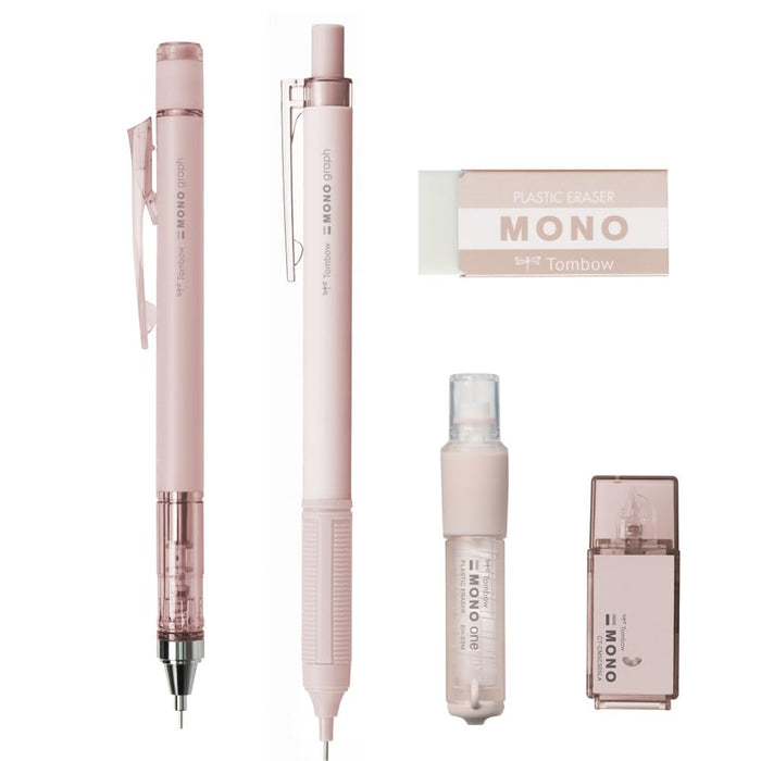 Tombow Mono 礦物文具套裝貝殼米色自動鉛筆 0.3 毫米和 0.5 毫米 2 個橡皮修正帶