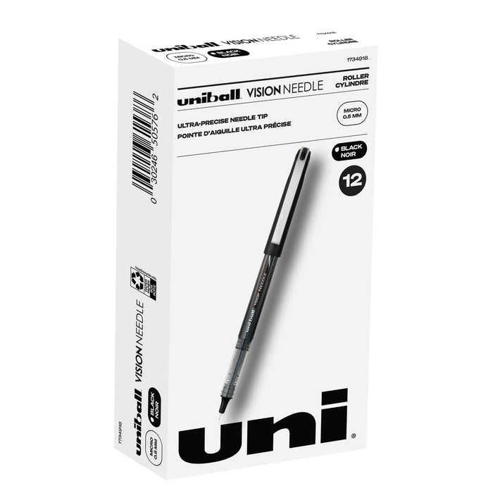 Mitsubishi Pencil Uni-Ball Needle Rollerball Pens Micro Point 0.5mm Black Pack of 12