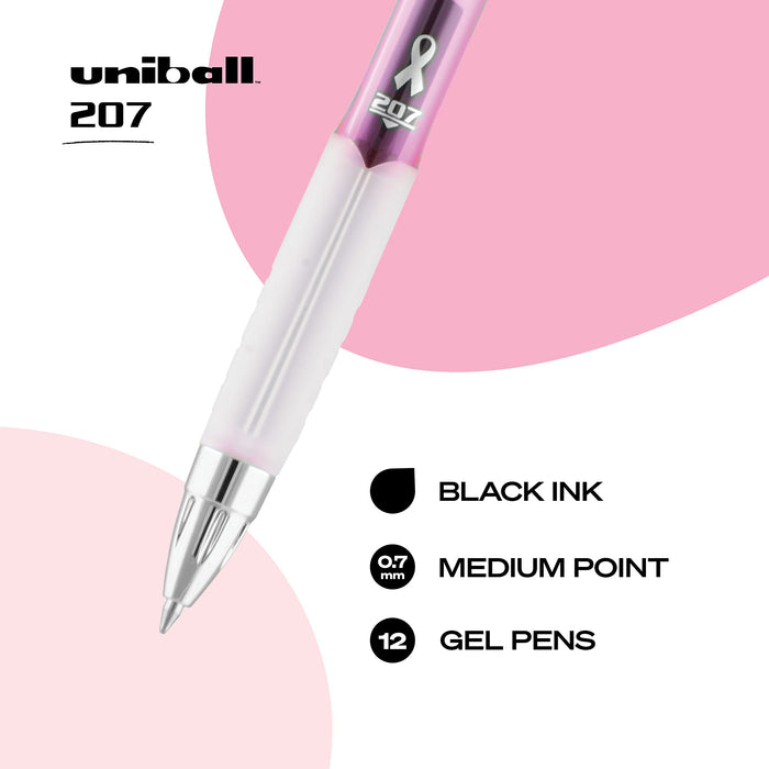 三菱铅笔 Uniball 207 可伸缩凝胶笔 中号笔尖 0.7 毫米 黑色 12 支