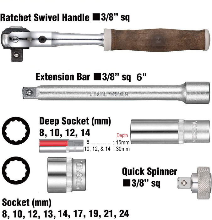 Vessel 16-Piece 3/8 Inch Sq Swivel Socket Wrench Set - HRW3005MSW - Non-Slip Wood Handle