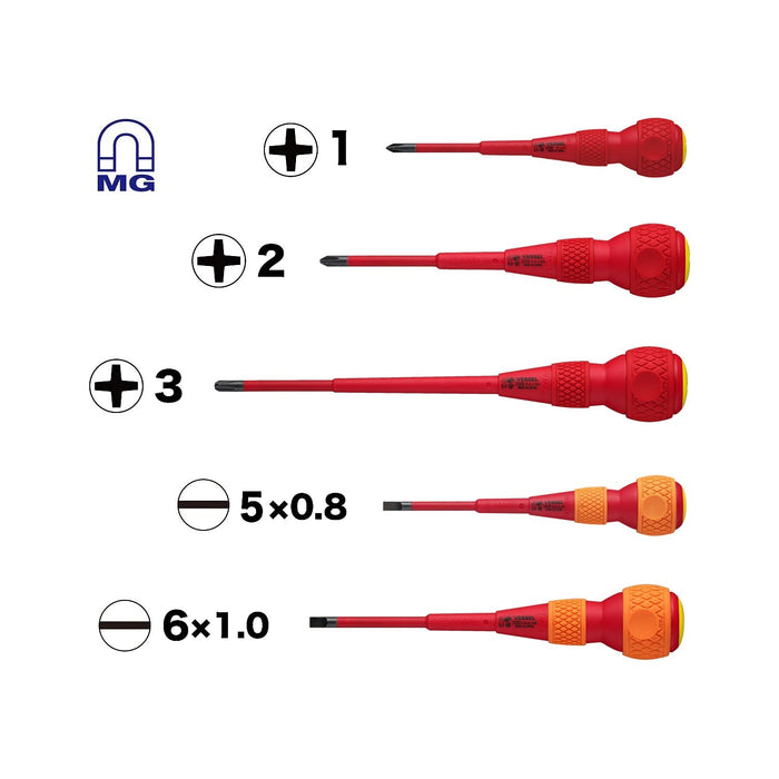 Vessel No.2005PBU Japan-Made Insulated Ball Grip Screwdriver Set of 5