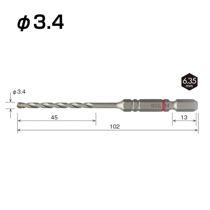 Vessel ACD-3.4 Concrete Cushion Drill Bit 3.4mm Size