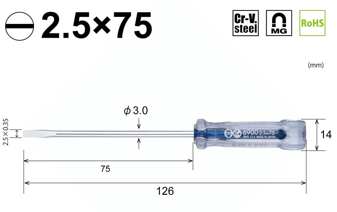 Vessel Precision Crystalline Driver 2.5x75 6900 - High-Quality Tool by Vessel