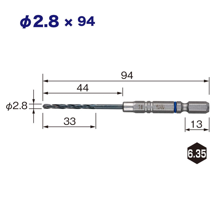 Vessel Amd3S-2.8 3-Piece Ironwork Drill Bit Set Cushion Drill 2.8mm