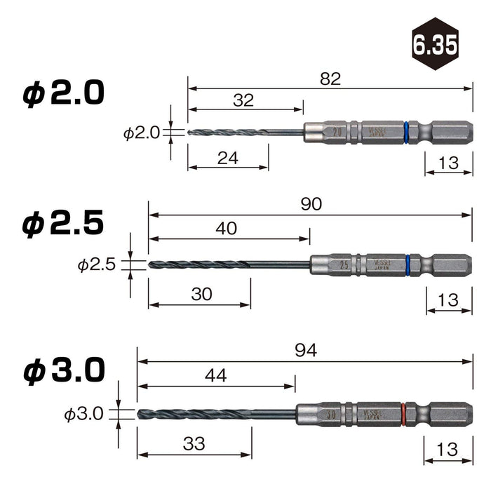 Vessel AMD3S-1 Cushion Drill Set for Ironwork 3pc with 2.0 2.5 3.0mm Bits