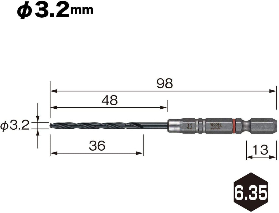 Vessel AMD6P-3.2 Ironwork Drill Bit Set Cushion Grip Metalwork Tools 6 Pieces