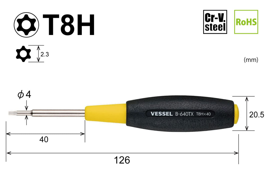 Vessel Cushion Grip T8H Torx Screwdriver with 40mm Tamper-Proof Feature