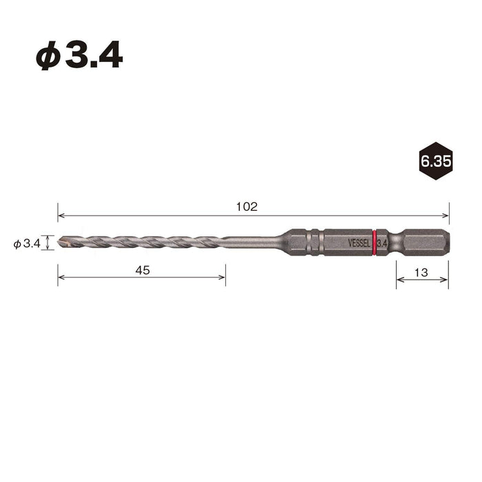 Vessel APD-3.4 Drill Bit for Porcelain Tiles - 3.4mm Diameter