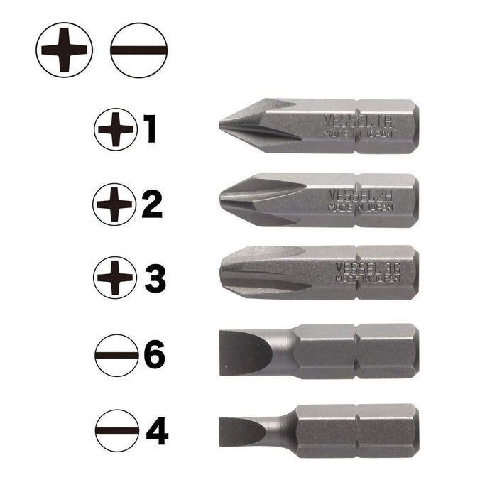 Vessel Driver Bit Set B33 with +1 +2 +3 -4 -6 Sizes and Holder