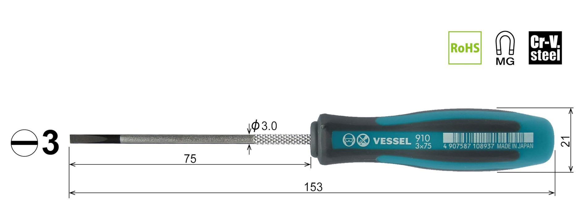 Vessel Megadora Driver with Fine Shaft -3x75 Model 910 by Vessel