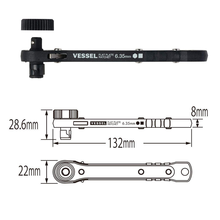 Vessel 黑色 TD-71 板式棘輪起子，附帶 2 個額外的起子頭