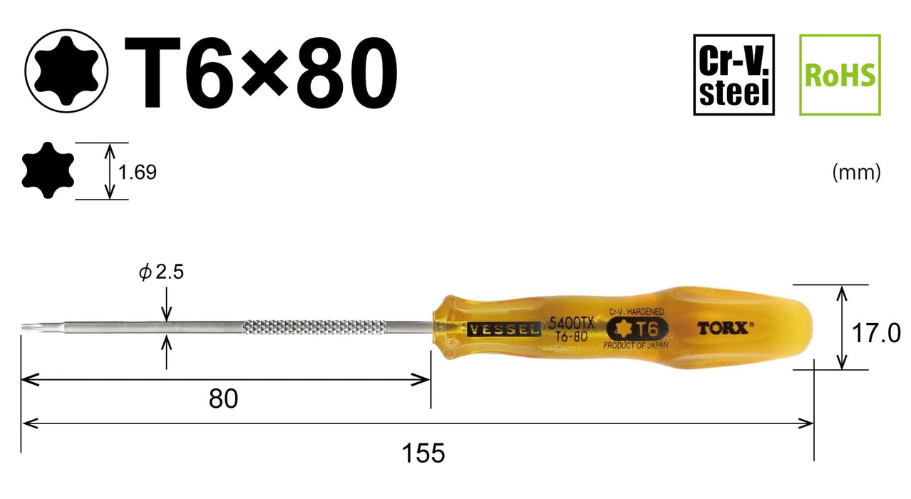 Vessel Power Grip Torx T6x80 Driver 5400Tx Superior Vessel Tool