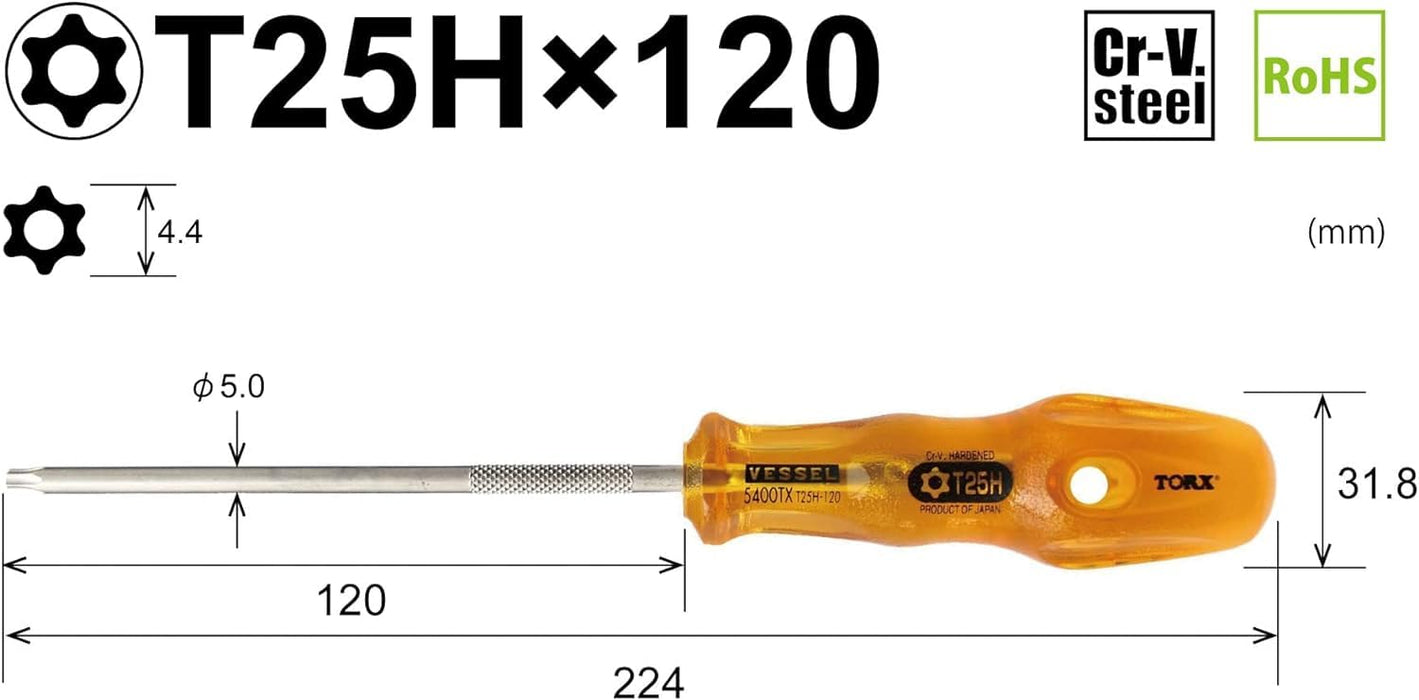 Vessel Power Grip T25H Torx Screwdriver Tamper-Proof 120 B-5400Tx Series