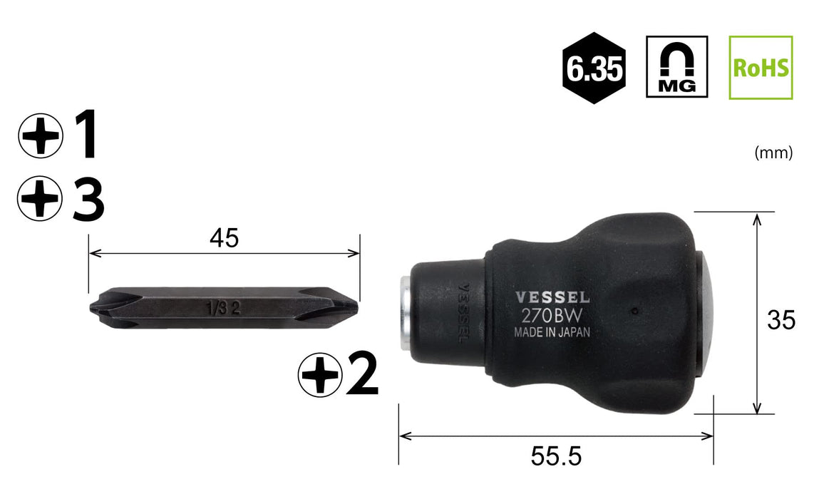 Vessel Stubby Replacement Driver Set with Short Bit 270Bw-123