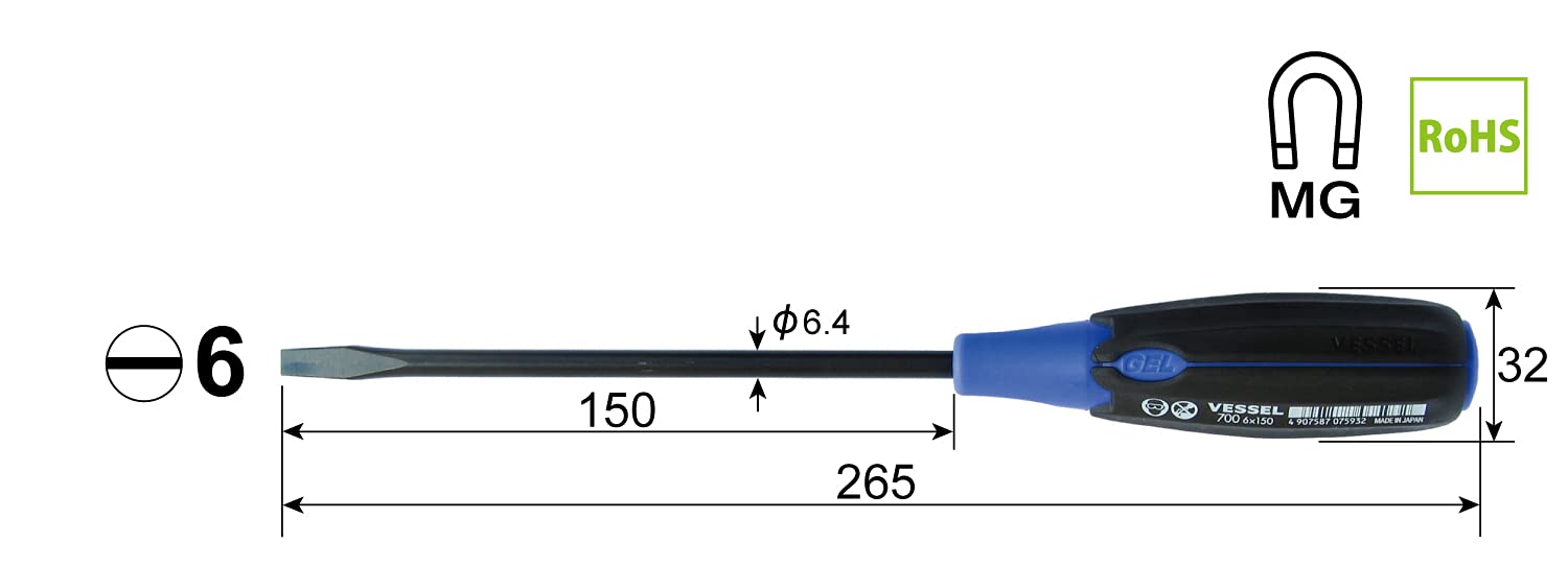 Vessel Cushion Grip Screwdriver Super 6x150 - Premium 700-Series by Vessel