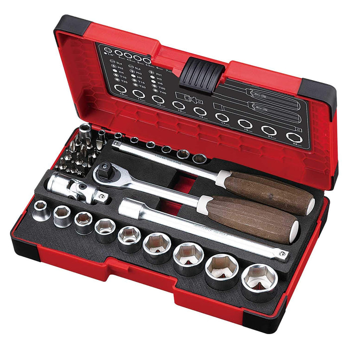 Vessel 36Pcs Woody Socket Wrench Set 1/4 & 3/8 Inch Non-Slip Grip Gray & Brown