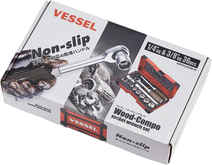 Vessel 36Pcs Woody Socket Wrench Set 1/4 & 3/8 Inch Non-Slip Grip Gray & Brown