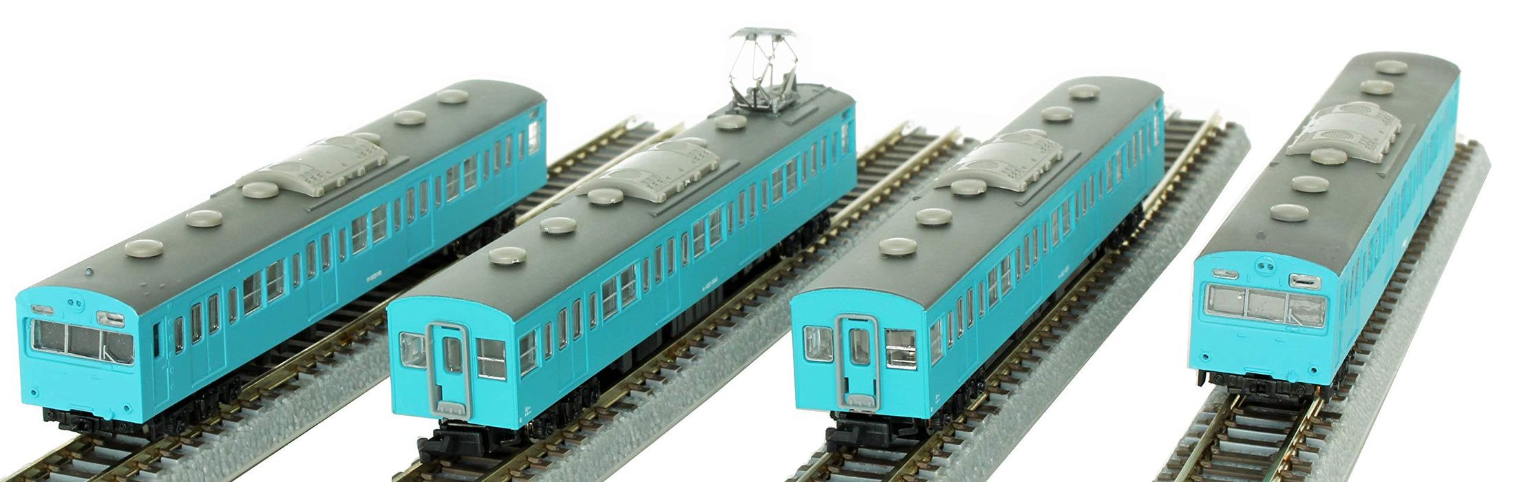 Rokuhan Z Gauge Jnr 103 系列天蓝色 4 车厢火车套装 - 基本低车厢模型