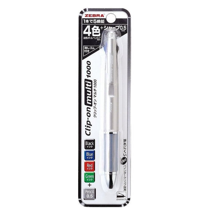 Zebra Silver Multi-Function 4 Color Pen with Sharp Clip-On - P-B4Sa2-S Model