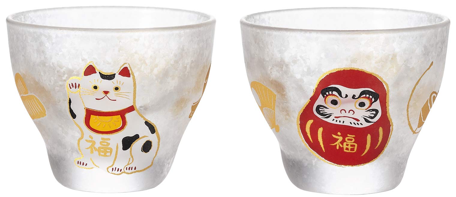 Aderia Cup Pair Set - Medeta Mono Beckoning Cat/Daruma 90Ml - Japan Gift Box S-6285