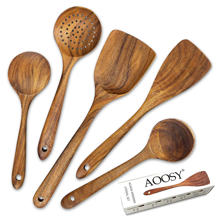 5-Piece Natural Acacia Wood Kitchen Tools Set with Box by Aoosy