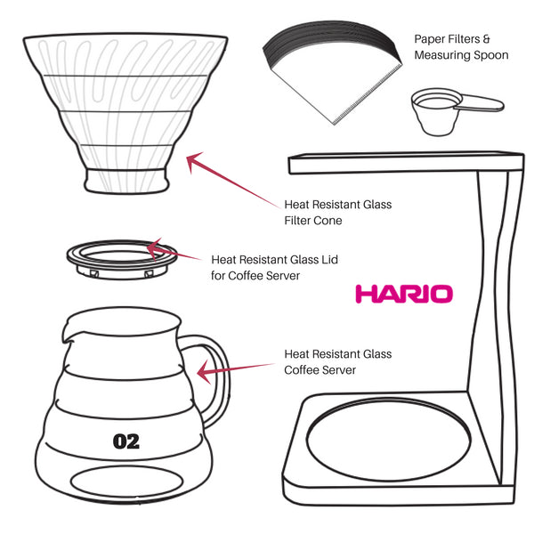 Hario V60 Olive Wood Stand & Heat Resistant Glass Coffee Server 02 Set - Premium Quality Coffee Brewing Set