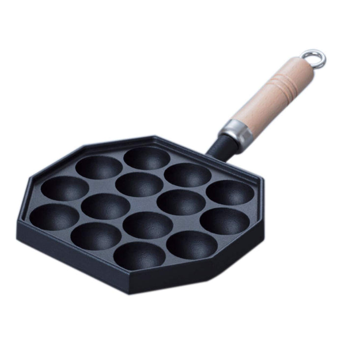 Iwachu Takoyaki Maker - 14 Holes, Wood Handle, Japan IH Compatible, 4Cm Nambu Tekki, Black