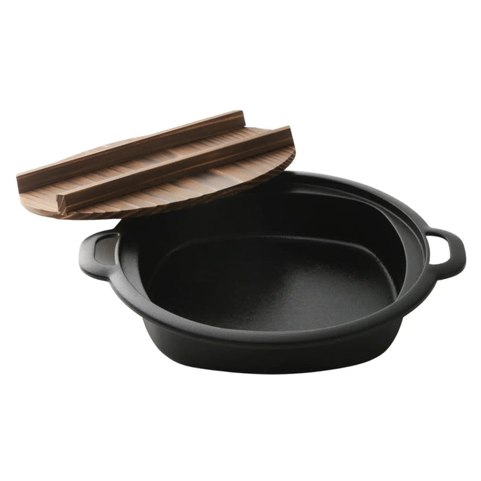 Iwachu Nambu Cast Iron Sukiyaki & Gyoza Pan with Wooden Lid - Authentic Japanese Cookware