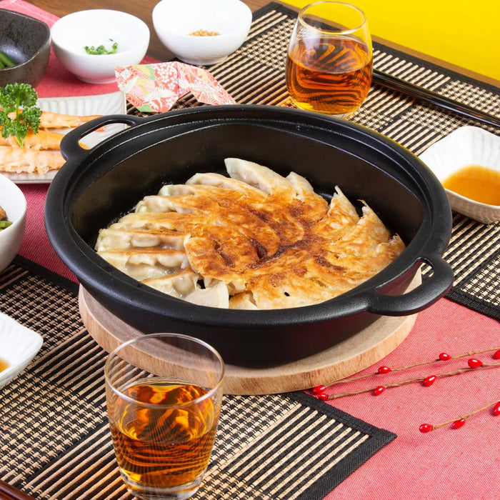 Iwachu Nambu Cast Iron Sukiyaki & Gyoza Pan with Wooden Lid - Authentic Japanese Cookware