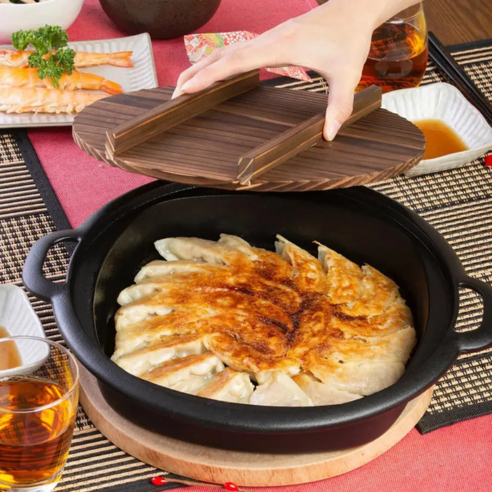 Iwachu Nambu Cast Iron Sukiyaki & Gyoza Pan with Wooden Lid - Authentic Japanese Cookware