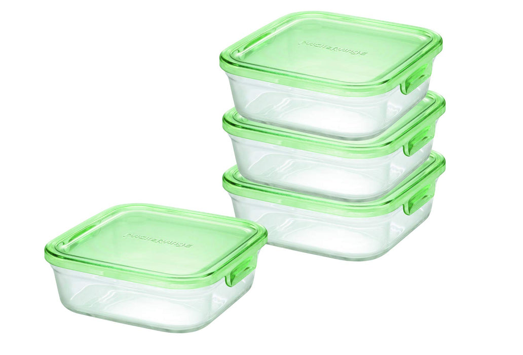 Iwaki Japan Az3247-4G Square Glass Storage Container Set - Pack of 4, Green, 800ml x 4