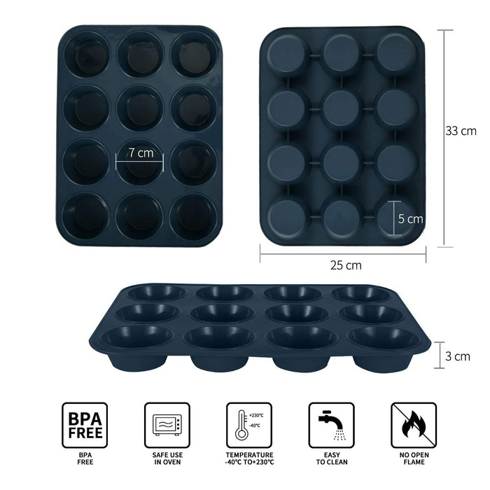 Super Kitchen 12-Cavity Large Non-Stick Silicone Muffin Mold Pan - Easy To Clean Gray