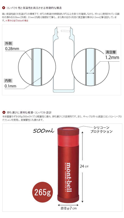 Mont-Bell 0.5L Red Alpine Thermo Bottle - Japan 1124617