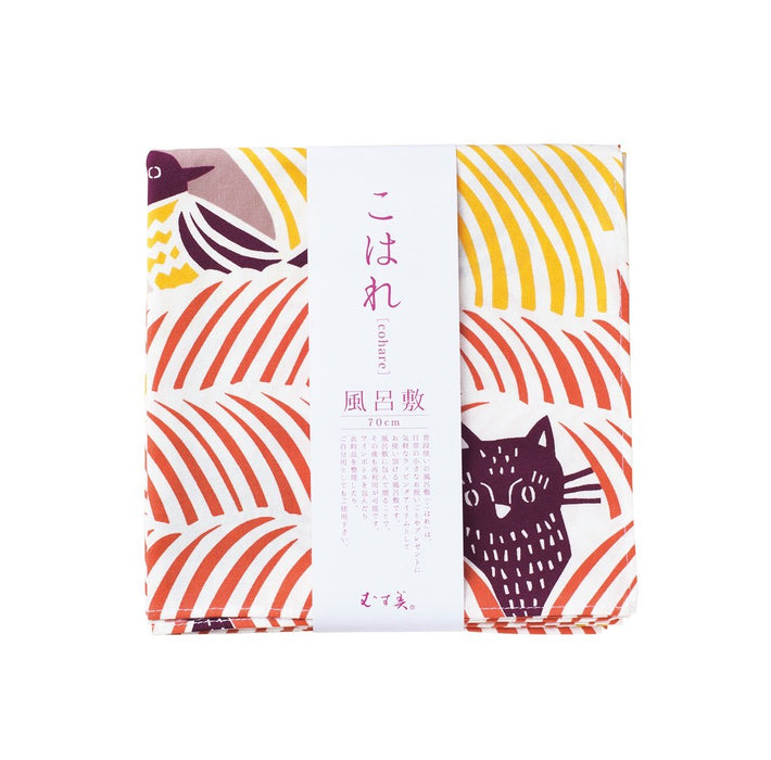 Musubi Furoshiki 70 公分 Kata Kohare Cat &amp; Bird 粉紅色 - 日本製造