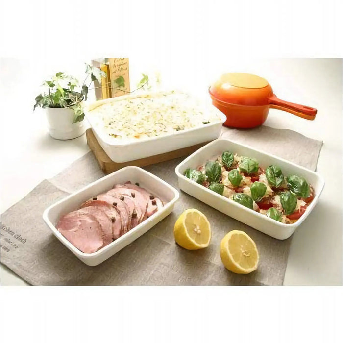 Noda Horo White Enamel Rectangle Shallow Food Containers - Medium Priority