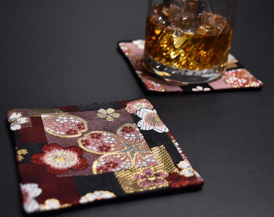 Shinsendo Japanese Kimono Coaster Set (Red Cherry Blossom) - Elegant Gift in Gold Box