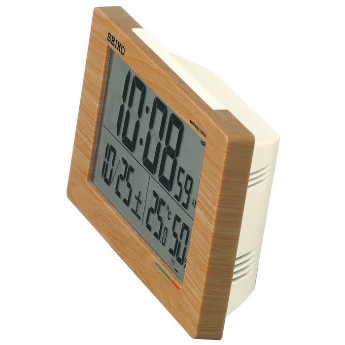 Seiko Clock Digital Alarm Table Clock with Radio Wave, Calendar, Temp & Humidity Display - Light Brown Wood Grain Sq784A